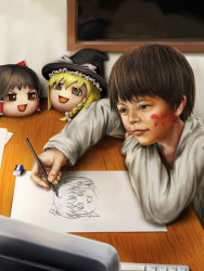Rule 34 | 1boy, brown hair, child, computer, daruma doll, drawing, highres, indoors, male focus, pencil, realistic, smile, solo, table, tagme, to1989