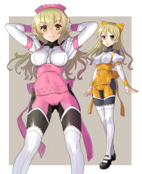 Rule 34 | 1girl, :o, adapted costume, arms up, blonde hair, bodysuit, breasts, employee uniform, full body, gluteal fold, headband, impossible bodysuit, impossible clothes, katahira masashi, long hair, looking at viewer, medium breasts, multiple views, original, puffy sleeves, simple background, skin tight, smile, thighhighs, two-tone background, uniform, yellow eyes