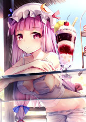Rule 34 | 1girl, against glass, blue sky, blunt bangs, breast press, breasts, breasts on glass, cherry, closed mouth, crescent, day, food, fruit, hat, ice cream, long hair, looking at viewer, medium breasts, mob cap, patchouli knowledge, purple eyes, purple hair, see-through, sky, solo, touhou, yan (nicknikg)