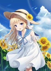 Rule 34 | 1girl, :d, absurdres, ahoge, arms behind back, blonde hair, blue eyes, blue ribbon, blue sailor collar, blue sky, braid, breasts, cleavage, collarbone, commentary request, dress, floating clothes, flower, hair ribbon, hat, hat flower, highres, holding, holding flower, leaning forward, lens flare, long braid, long hair, looking at viewer, medium breasts, mole, mole under each eye, mole under eye, multiple moles, neck ribbon, open mouth, re:stage!, ribbon, sailor collar, sailor dress, shiratori amaha (re:stage!), single braid, sky, smile, solo, straw hat, sun hat, sunflower, white dress, yellow flower, yutuki ame