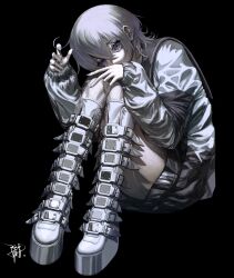 Rule 34 | 1girl, absurdres, afternooners, belt boots, black background, black sailor collar, boots, commentary, fishnet thighhighs, fishnets, full body, grey eyes, grey footwear, grey hair, grey jacket, hand on own knee, hand up, head tilt, highres, indie utaite, jacket, knee boots, knees up, looking at viewer, loose hair strand, medium hair, no pants, platform boots, platform footwear, sailor collar, sekai (utaite), signature, simple background, sitting, solo, thighhighs