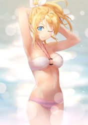 Rule 34 | &gt;;), 10s, 1girl, armpits, arms behind head, arms up, ayase eli, bandeau, bikini, blonde hair, blue eyes, blurry, blush, bow, breasts, cleavage, cowboy shot, depth of field, hair bow, hair ribbon, lens flare, long hair, looking at viewer, love live!, love live! school idol project, navel, o-ring, o-ring top, one eye closed, ponytail, redame, ribbon, shiny skin, smile, solo, standing, striped bikini, striped clothes, swimsuit, thigh gap, v-shaped eyebrows