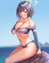 Rule 34 | 1girl, bag, blue archive, blue jacket, breasts, cleavage, closed mouth, cropped jacket, duffel bag, highres, jacket, large breasts, long sleeves, lp, navel, rabbit platoon (blue archive), saki (blue archive), saki (swimsuit) (blue archive), short hair, swimsuit, unzipped, wet, zipper pull tab