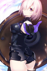Rule 34 | 1girl, absurdres, armor, ass, black panties, breasts, cowboy shot, covered erect nipples, fate/grand order, fate (series), from behind, gloves, hair over one eye, highres, looking at viewer, looking back, machimura komori, mash kyrielight, offering hand, panties, pink hair, purple eyes, purple hair, shield, short hair, smile, solo, underwear