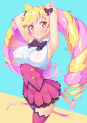 Rule 34 | 1girl, animal ear fluff, animal ears, armpits, arms behind head, arms up, bare shoulders, black bow, blonde hair, blue background, blush, bow, breasts, brown background, cat ears, cat girl, cat tail, center frills, collared shirt, frills, hair bow, highres, kazuma (kazumav), large breasts, long hair, long sleeves, looking at viewer, mashima himeko (show by rock!!), multicolored hair, parted lips, pink hair, pink lips, pink skirt, pleated skirt, red eyes, shirt, show by rock!!, skirt, sleeveless, sleeveless shirt, solo, sweat, tail, thighhighs, twintails, two-tone background, two-tone hair, very long hair, white shirt