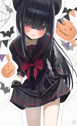 Rule 34 | 1girl, absurdres, beret, black gloves, black hair, black hat, black sailor collar, black serafuku, black skirt, blue archive, blush, closed mouth, clothes lift, cowboy shot, gloves, halloween, hat, hidulume, highres, jack-o&#039;-lantern, justice task force member (blue archive), lifted by self, long hair, long sleeves, looking at viewer, neckerchief, pleated skirt, red eyes, red neckerchief, sailor collar, school uniform, serafuku, skirt, skirt lift, smile, solo, tongue, tongue out