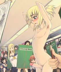 Rule 34 | 1boy, 6+girls, absurdres, armpits, arms behind head, arms up, artist request, audience, black hair, blonde hair, blush, brown eyes, character request, circumcision scar, collarbone, completely nude, copyright request, erection, flat chest, green eyes, highres, indoors, long hair, looking at penis, male focus, medium hair, model, multiple girls, nude, one eye closed, open mouth, penis, short hair, source request, testicles, third-party edit, trap