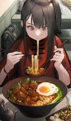 Rule 34 | 1girl, absurdres, backpack, bag, beef, bowl, brown eyes, brown hair, china dress, chinese clothes, chopsticks, coney, dress, eating, egg (food), elbows on table, food, food focus, fried egg, hair behind ear, hair bun, highres, holding, holding spoon, indoors, long hair, looking at food, looking down, nail polish, napkin, noodles, original, plate, pov across table, ramen, red nails, single hair bun, sitting, sleeves past elbows, solo, spoon, table, vegetable