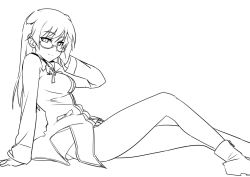 Rule 34 | 1girl, animal ears, boots, glasses, greyscale, johanna wiese, long hair, military, military uniform, monochrome, ningen (ningen96), ningen (ningen (96), ribbon, simple background, sitting, sketch, solo, strike witches, uniform, world witches series