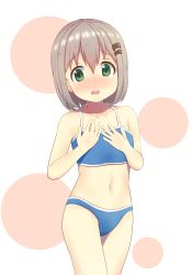 Rule 34 | 1girl, absurdres, bikini, blue bikini, blush, breasts, brown hair, collarbone, embarrassed, feet out of frame, female focus, green eyes, groin, hair ornament, hairclip, hand on own chest, hazumu-kagi, highres, looking at viewer, navel, open mouth, shiny skin, short hair, simple background, small breasts, solo, standing, swimsuit, yama no susume, yukimura aoi