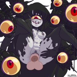 Rule 34 | 1boy, 1girl, archived source, artist name, black hair, blush, breasts, colored sclera, colored skin, commentary, commission, cyclops, disembodied penis, english commentary, extra eyes, foot out of frame, gazer (monster girl encyclopedia), grey skin, hetero, highres, long hair, looking at viewer, medium breasts, monster girl, monster girl encyclopedia, navel, nipples, no123450n, nude, one-eyed, penis, pussy, red eyes, sex, sharp teeth, simple background, slime (substance), slit pupils, smile, spread legs, spread pussy, tail, teeth, tentacles, testicles, uncensored, vaginal, white background, yellow sclera