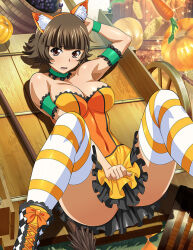 Rule 34 | 1girl, alternate costume, animal ear fluff, arm strap, armpits, black skirt, breasts, brown eyes, brown hair, choker, chouhi ekitoku, cleavage, collarbone, covered navel, frilled choker, frills, green choker, hairband, halloween costume, ikkitousen, large breasts, legs up, looking at viewer, lying, miniskirt, on back, open mouth, orange hairband, pleated skirt, short hair, skirt, solo, spread legs, strapless, striped clothes, striped thighhighs, thighhighs, wavy mouth, zettai ryouiki