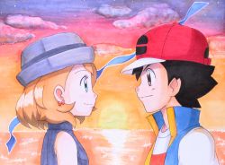 Rule 34 | 1boy, 1girl, ash ketchum, black hair, blonde hair, blue eyes, closed mouth, cloud, commentary request, creatures (company), earrings, eye contact, eyelashes, from side, game freak, grey headwear, hat, jacket, jewelry, looking at another, nintendo, outdoors, pokemon, pokemon (anime), pokemon journeys, pokemon swsh105, serena (pokemon), shirt, short hair, sky, sleeveless, sleeveless jacket, smile, sunset, sweater vest, traditional media, twilight, water, white shirt, zao (beans-alliance)