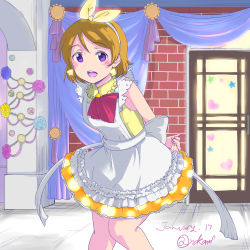 Rule 34 | 1girl, absurdres, apron, arms behind back, artist name, artist request, back bow, bare legs, blush, bow, breasts, brown hair, collared dress, dress, earrings, female focus, frilled apron, frilled shirt collar, frills, hair between eyes, hairband, heart, heart (symbol), heart print, highres, indoors, jewelry, koizumi hanayo, korekara no someday, looking at viewer, love live!, love live! school idol festival, love live! school idol project, miniskirt, nakamr, neckerchief, parted lips, plaid, plaid dress, plaid skirt, pleated, pleated dress, pleated skirt, polka dot, polka dot skirt, purple eyes, red neckerchief, short hair, skirt, sleeveless, sleeveless dress, small breasts, smile, solo, star (symbol), star print, white apron, white bow, white hairband, window, yellow dress, yellow skirt