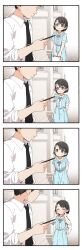 Rule 34 | 1boy, 1girl, 4koma, absurdres, arms behind back, bag, black hair, black necktie, blue dress, blush, cellphone, closed eyes, closed mouth, collared shirt, comic, commentary request, dress, faceless, faceless male, grey eyes, hair ornament, hairclip, handbag, highres, holding, holding bag, holding phone, idolmaster, idolmaster cinderella girls, leaning forward, long sleeves, necktie, parted bangs, phone, producer (idolmaster), rabbit hair ornament, sasaki chie, shirt, short sleeves, smile, tie clip, white shirt, yukie (kusaka shi)