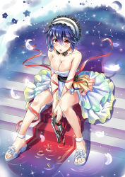 Rule 34 | 10s, 1girl, bare shoulders, blue hair, blush, bonnet, breasts, cartridge, cleavage, collarbone, dress, full body, gun, handgun, himonoata, large breasts, looking at viewer, mole, mole under eye, nisekoi, open mouth, pistol, red eyes, revolver, ribbon, sandals, shell casing, sitting, sitting on stairs, solo, sparkle, stairs, star (symbol), td, tsugumi seishirou, weapon