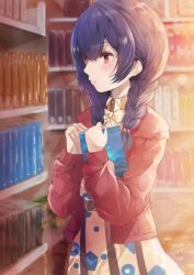 Rule 34 | 1girl, bad id, bad twitter id, belt, blue eyes, blush, book, bookshelf, braid, dress, expressionless, hair ornament, hair tie, hairclip, highres, holding, holding book, idolmaster, idolmaster shiny colors, looking afar, medium hair, morino rinze, namamake, necktie, patterned, patterned clothing, red eyes, red sweater, sidelocks, solo, sweater, twin braids, upper body, white dress