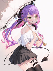 Rule 34 | 1girl, absurdres, blush, choker, demon tail, ear piercing, frilled umbrella, frills, green eyes, grin, hair ornament, hair ribbon, hairclip, hat, highres, holding, holding umbrella, hololive, leg tattoo, long hair, looking at viewer, multicolored hair, piercing, pink hair, purple hair, ribbon, runlan 0329, simple background, single bare shoulder, skirt, smile, solo, tail, tattoo, thighhighs, tokoyami towa, twintails, umbrella, virtual youtuber
