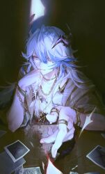 Rule 34 | 1boy, absurdres, arknights, blue hair, bracelet, chain, chain necklace, commentary, desk, english commentary, grey shirt, hair over one eye, highres, jewelry, light blue hair, long hair, looking at viewer, male focus, material growth, messy hair, multiple rings, muted color, myluche, necklace, newspaper, official alternate costume, open clothes, open shirt, oripathy lesion (arknights), parted lips, polaroid, puzzle (amidst the pieces) (arknights), puzzle (arknights), reaching, reaching towards viewer, ring, shirt, sidelocks, solo, twitter username, white shirt