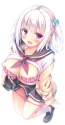 Rule 34 | 1girl, black skirt, blush, bow, bow bra, bra, breasts, cardigan, cleavage, clothes lift, commentary request, hair ornament, hair scrunchie, heart, heart-shaped pupils, heavy breathing, highres, kneehighs, large breasts, loafers, long sleeves, looking at viewer, neckerchief, nipple slip, nipples, open cardigan, open clothes, open mouth, original, panties, panty pull, pink bra, pink panties, pleated skirt, purple eyes, ryo (botugo), school uniform, scrunchie, serafuku, shirt lift, shoes, short hair, side ponytail, silver hair, skirt, smile, socks, sweat, symbol-shaped pupils, underwear, white background, white socks