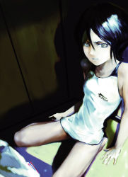 Rule 34 | 00s, 1girl, 3tohei, arm support, black hair, bleach, bottomless, competition swimsuit, grey eyes, kuchiki rukia, light, one-piece swimsuit, short hair, sitting, solo, swimsuit, tank top