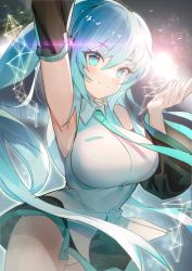 Rule 34 | 1girl, 39, absurdres, alternate breast size, arm up, armpits, bare shoulders, black skirt, blue eyes, blue hair, breasts, collared shirt, cowboy shot, detached sleeves, grey shirt, hand up, hatsune miku, highres, janyhero, large breasts, long hair, long sleeves, looking at viewer, miniskirt, necktie, panties, pantyshot, pleated skirt, shirt, skirt, sleeveless, sleeveless shirt, smile, solo, twintails, underwear, very long hair, virtual youtuber, vocaloid, white panties