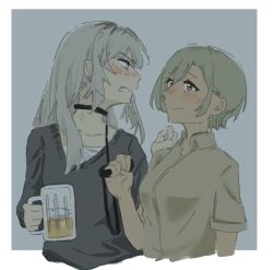 Rule 34 | 2girls, beer mug, black sweater, blush, brown eyes, brown hair, brown shirt, closed mouth, collar, collared shirt, cup, drink, enanbender, girls band cry, grey hair, hand on another&#039;s shoulder, holding, holding drink, holding leash, kawaragi momoka, leash, long hair, looking at another, mug, multicolored hair, multiple girls, roots (hair), rupa (girls band cry), shirt, smile, sweater, upper body