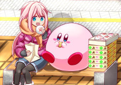 Rule 34 | 1girl, absurdres, artist request, baozi, black pantyhose, blush, commentary request, crossover, eating, food, hair between eyes, highres, kagamihara nadeshiko, kirby, kirby (series), long hair, long sleeves, nintendo, open mouth, pantyhose, pink hair, scarf, sitting, trait connection, yurucamp