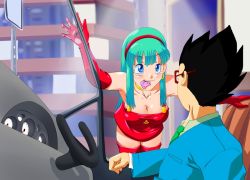 Rule 34 | 1boy, 1girl, aqua eyes, aqua hair, bare shoulders, black hair, blush, boots, bra (dragon ball), breasts, choker, cleavage, condom, condom in mouth, condom wrapper, dragon ball, dragon ball gt, dress, elbow gloves, enessef, glasses, gloves, green hair, green neckwear, hairband, leaning forward, legs together, long hair, looking at another, medium breasts, mouth hold, red dress, red footwear, red gloves, red hairband, red thighhighs, smile, son gohan, spiked hair, strapless, strapless dress, thighhighs