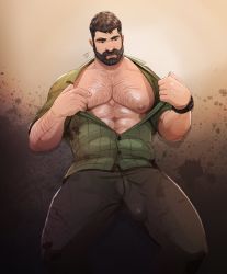 Rule 34 | 1boy, abs, arm hair, bara, beard, black hair, black pants, blood, blood on clothes, bulge, chest hair, erection, erection under clothes, facial hair, green shirt, highres, joel (the last of us), jojiart, large pectorals, male focus, muscular, muscular male, nipples, pants, partially unbuttoned, pectorals, shirt, short hair, solo, the last of us, the last of us (series), watch, wristwatch