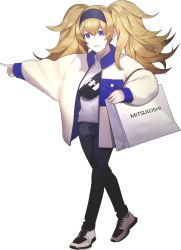 Rule 34 | 1girl, alternate costume, bag, black pants, blonde hair, blue eyes, commentary request, full body, gambier bay (kancolle), hair between eyes, hairband, jacket, kantai collection, long sleeves, mitsukoshi (department store), official art, open mouth, oversized clothes, pants, pointing, shoes, socks, solo, sweater, turtleneck, turtleneck sweater, twintails, white background, white ss yu