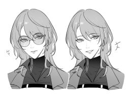 Rule 34 | 1girl, chief (path to nowhere), closed mouth, coat, collared shirt, commentary request, earrings, female chief (path to nowhere), glasses, greyscale, highres, jewelry, long hair, looking at viewer, monochrome, multiple views, parted lips, path to nowhere, shirt, smile, toho10min, upper body