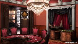 Rule 34 | bottle, bungou to alchemist, cabinet, candelabra, candlestand, card, casino card table, chair, chandelier, copyright notice, couch, curtains, door, indoors, no humans, official art, playing card, poker chip, roulette, roulette table, rug, scenery, table, wallpaper (object), wine bottle