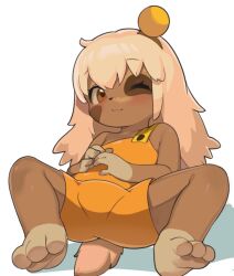 Rule 34 | 1girl, animal feet, animal nose, barefoot, brown eyes, brown hair, dofus, dog girl, dog tail, furry, furry female, hair ornament, highres, lilotte (dofus), long hair, looking at viewer, lying, on back, one eye closed, orange overalls, overall shorts, overalls, own hands together, sakurami sumi, smile, soles, solo, spread legs, tail, thighs