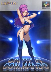 Rule 34 | 1girl, absurdres, adjusting hair, arms up, asymmetrical hair, beeeeen, breasts, captain commando, carol (captain commando), cover, full body, green eyes, highres, light smile, long hair, medium breasts, ponytail, purple hair, revealing clothes, solo, standing, thong, toned, video game cover