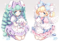 Rule 34 | 2girls, animal, animal ears, apron, bell, blonde hair, blue apron, blue bow, blue eyes, blue footwear, bow, cat, closed mouth, commentary request, commission, double bun, dress, drill hair, eyepatch, frilled apron, frilled bow, frills, gradient background, green footwear, green hair, grey background, hair bell, hair bow, hair bun, hair ornament, highres, jingle bell, juliet sleeves, kneehighs, loafers, long hair, long sleeves, masaru.jp, medical eyepatch, multiple girls, original, parted lips, pink dress, pink lips, pleated skirt, puffy short sleeves, puffy sleeves, purple bow, purple legwear, purple skirt, rabbit ears, ribbon-trimmed dress, seiza, shadow, shirt, shoes, short sleeves, signature, sitting, skeb commission, skirt, sleeves past fingers, sleeves past wrists, smile, socks, sparkle, stuffed animal, stuffed rabbit, stuffed toy, very long hair, white apron, white background, white cat, white shirt