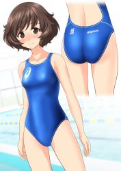 Rule 34 | 1girl, absurdres, akiyama yukari, alternate costume, arms at sides, asics, ass, blue one-piece swimsuit, blurry, blush, breasts, brown eyes, brown hair, character name, clothes writing, commentary request, competition swimsuit, cowboy shot, depth of field, embarrassed, girls und panzer, highres, logo, looking at viewer, multiple views, nose blush, one-piece swimsuit, pool, short hair, small breasts, standing, swept bangs, swimsuit, takafumi, thighs, wavy hair