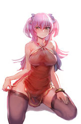 Rule 34 | 1girl, bare arms, bare shoulders, blush, bow, bow (bhp), breasts, brown thighhighs, closed mouth, contrapposto, dress, hair bow, hand on thigh, kneeling, large breasts, long hair, looking at viewer, orange eyes, original, pelvic curtain, pink hair, purple bow, red dress, short dress, simple background, solo, thighhighs, two side up, white background