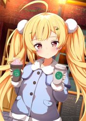 Rule 34 | 1girl, ahoge, ame., azur lane, blonde hair, blue jacket, blush, brick wall, closed mouth, coffee cup, collared jacket, commentary request, cup, disposable cup, eldridge (azur lane), facial mark, hair ornament, head tilt, heart, heart hair ornament, holding, holding cup, jacket, lamppost, long hair, long sleeves, menu, outdoors, red eyes, sidelocks, sign, solo, twintails, upper body, very long hair