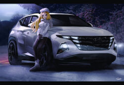 Rule 34 | 1girl, absurdres, blonde hair, car, coat, gloves, highres, hyundai, hyundai tucson nx4, leaning on object, long hair, looking at viewer, motor vehicle, nougat (73r1r1), original, outdoors, snow, solo, vehicle focus, white coat, winter, winter clothes, winter coat