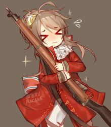 Rule 34 | &gt; &lt;, 1girl, 3:, aged down, bad id, bad twitter id, blush, brown hair, chibi, closed eyes, closed mouth, coat, commentary, cowboy shot, dot nose, english commentary, flying sweatdrops, girls&#039; frontline, glint, grey background, gun, hair bun, holding, holding gun, holding weapon, lee-enfield (girls&#039; frontline), lee-enfield (onion shooter) (girls&#039; frontline), long sleeves, official alternate costume, red coat, rifle, simple background, single hair bun, solo, sparkle, standing, terupancake, twitter username, wavy mouth, weapon