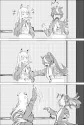 Rule 34 | +++, 2girls, 3koma, ^^^, anger vein, animal ears, bow, closed eyes, comic, commentary request, ear bow, ears down, hair between eyes, hair bow, high ponytail, highres, horse ears, horse girl, horse tail, indoors, jacket, laughing, long hair, long sleeves, mejiro mcqueen (umamusume), motion lines, multicolored hair, multiple girls, ojisanevolution, ojou-sama pose, parted bangs, potters wheel, pottery, silent comic, streaked hair, tail, tokai teio (umamusume), track jacket, umamusume