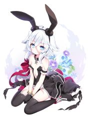 Rule 34 | 1girl, animal ears, arm garter, bare shoulders, between legs, black dress, black footwear, black gloves, black thighhighs, blue eyes, boots, bracelet, byulzzi, closed mouth, collar, dress, fate/grand order, fate (series), floral background, gloves, hair between eyes, hand between legs, highres, jewelry, mary read (fate), rabbit ears, scar, sidelocks, sitting, skull and crossbones, solo, thighhighs, wavy hair, white hair