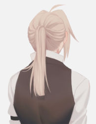 Rule 34 | 1boy, ahoge, arm strap, arms at sides, back, back focus, black vest, blonde hair, blunt ends, cbow, collared shirt, edward elric, facing away, from behind, fullmetal alchemist, long hair, long sleeves, male focus, ponytail, shirt, simple background, solo, upper body, vest, white background, white shirt