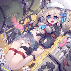 Rule 34 | 1girl, @ @, absurdres, animal penis, arms behind back, ball gag, barefoot, blue eyes, blue neckerchief, bound, breasts, censored, character request, commentary request, dildo, full body, gag, girls&#039; frontline, grey hair, grey skirt, heart, heart censor, highres, hitachi magic wand, imazawa, knotted penis, long hair, lying, medium breasts, miniskirt, navel, neckerchief, on back, open mouth, paid reward available, penis, plaid, plaid skirt, pleated skirt, restrained, sex toy, side ponytail, skirt, soles, solo, toes, variant set, vibrator, wavy mouth, white headwear