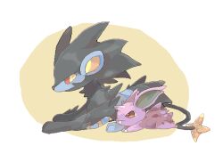 Rule 34 | animal focus, border, buck teeth, closed mouth, colored sclera, creatures (company), eye contact, from side, full body, game freak, gen 1 pokemon, gen 4 pokemon, jaggy lines, looking at another, luxray, lying, natsumekan, nidoran, nidoran (male), nintendo, no humans, on stomach, outside border, pokemon, pokemon (creature), red eyes, red sclera, simple background, teeth, white border, yellow background, yellow eyes