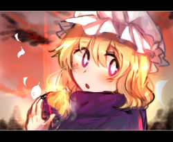 Rule 34 | 1girl, :o, blush, cloud, cloudy sky, commentary request, dusk, food, hat, holding, holding food, letterboxed, maribel hearn, mob cap, moyashi (oekaki touhou), open mouth, outdoors, petals, potato, purple eyes, purple scarf, scarf, short hair, sky, solo, steam, sweet potato, touhou, upper body, white hat