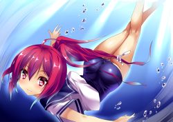 Rule 34 | 10s, 1girl, ass, blush, bubble, diving, hair ornament, hair ribbon, i-168 (kancolle), kantai collection, long hair, one-piece swimsuit, personification, ponytail, red eyes, red hair, ribbon, school swimsuit, school uniform, serafuku, solo, swimsuit, swimsuit under clothes, underwater, yuu sagi