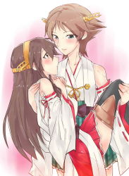 Rule 34 | 10s, 2girls, bad id, bad pixiv id, bare shoulders, blush, brown hair, carrying, detached sleeves, hairband, haruna (kancolle), hiei (kancolle), japanese clothes, kantai collection, long hair, multiple girls, nontraditional miko, princess carry, roter (gtv), short hair, thighhighs, yuri