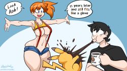 Rule 34 | !, 1boy, 1girl, 2023, absurdres, alternate breast size, animal ears, artist name, ash ketchum, ass, asymmetrical hair, bare legs, bare shoulders, belt, blue eyes, blush, breasts, cleavage, coffee, coffee cup, cowboy shot, creatures (company), cup, curvy, dahs, dated, disposable cup, english text, game freak, gen 1 pokemon, gunshad, gym leader, hair tie, halterneck, hetero, highres, holding, holding cup, large breasts, long hair, looking at another, misty (pokemon), navel, nintendo, nipples, one eye closed, open mouth, orange hair, pikachu, poke ball, poke ball (basic), poke ball symbol, pokemon, pokemon (anime), pokemon (classic anime), ponytail, shiny clothes, shiny skin, short hair, short shorts, shorts, side ponytail, simple background, suspenders, tail, thighs, turtleneck, wide hips